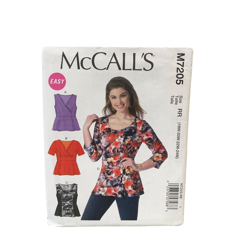 McCall's M7205 Women's Top Sewing Pattern Size RR 18W-24W Peplum Pullover Easy